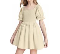 JiAmy Kleider für Mädchen Puffärmel Sommerkleid Quadratischer Ausschnitt Geraffte BrustbereichKinder Kleider A-Linie Einfarbig Mädchen Freizeitkleider für 9-10 Jahre, Beige (Etikett:140)