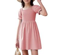JiAmy Kleider für Mädchen Puffärmel Sommerkleid Quadratischer Ausschnitt Geraffte BrustbereichKinder Kleider A-Linie Einfarbig Mädchen Freizeitkleider für 9-10 Jahre, Rosa (Etikett:140)