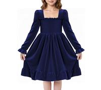 JiAmy Kleider für Mädchen Samt Langarmkleid Kinder Quadratischer Hals Festliches Mädchen Kleid Rüschensaum Herbst Winter Hochzeit Geburtstag Partykleid für 1-2 Jahre, Navy Blau (Etikett: 90
