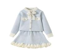 JiAmy Mädchen Bekleidungssets Kinder Langarm Knitted Strickjacke mit A-Linie Plaid Rock Zweiteilig Kleidung Outfits Set Herbst Winter Casual Elegante Pullover Kleid 3-4 Jahre Blau