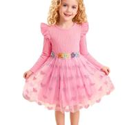 JiAmy Mädchen Kleider Rüschenärmel Langarm Rippstrick Blumenstickerei Kleinkind Partykleid Tüllkleid Geburtstagskleid Rundhals Hochzeit Festliches Mädchen Kinder Kleid für 2-3 Jahre, Rosa