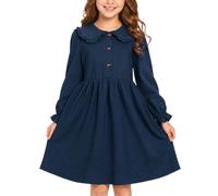 JiAmy Mädchen Langarm Peter Pan Kragen Kleid Herbst Winter Kinderkleid Marineblau 11-12