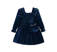 JiAmy Mädchen Langarmkleid Samt Perlen Kleid mit Umhängetasche 3-10 Jahre | 3-10 Jahre, eckiger Ausschnitt, Rüschen-Langarm, Perlendeko, gesmokte Taille, Umhängetasche für Party Hochzeit Weihnachten
