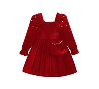 JiAmy Mädchen Langarmkleid Samt Perlen Kleid mit Umhängetasche 3-10 Jahre | 3-10 Jahre, eckiger Ausschnitt, Rüschen-Langarm, Perlendeko, gesmokte Taille, Umhängetasche für Party Hochzeit Weihnachten