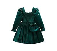 JiAmy Mädchen Langarmkleid Samt Perlen Kleid mit Umhängetasche 3-10 Jahre | 3-10 Jahre, eckiger Ausschnitt, Rüschen-Langarm, Perlendeko, gesmokte Taille, Umhängetasche für Party Hochzeit Weihnachten