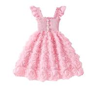 JiAmy Mädchen Prinzessin Kleid 3D Blumen A-Linie Festliches Kinderkleid Ärmellos mit Rüschen Trägern & Elastischer Taille Tüllkleid Geburtstag Hochzeit Sommerkleid für 6-7 Jahre, Rosa