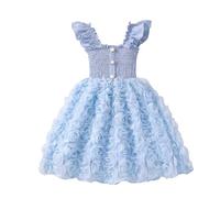 JiAmy Mädchen Prinzessin Kleid 3D Blumen A-Linie Festliches Kinderkleid Ärmellos mit Rüschen Trägern & Elastischer Taille Tüllkleid Geburtstag Hochzeit Sommerkleid für 5-6 Jahre, Blau