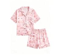 JiAmy Mädchen Satin Pyjama Kurzarm 2-teilig Schlafanzug Kinder Sommer Nachtwäsche mit Knopfleiste Weiches Seidiges Schlafanzug Set für 160,Kurzarm-Rosa Capybara