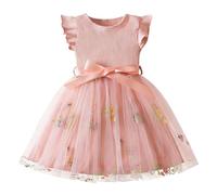 JiAmy Mädchen Tüllkleid mit Blumenstickerei Rippstrick Oberteil Flügelärmel Kinderkleid mit Gürtel für Hochzeit Geburtstag Party für 6-7 Jahre,Rosa