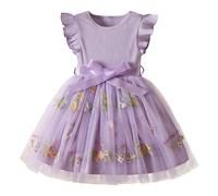 JiAmy Mädchen Tüllkleid mit Blumenstickerei Rippstrick Oberteil Flügelärmel Kinderkleid mit Gürtel für Hochzeit Geburtstag Party für 2-3 Jahre,Lila