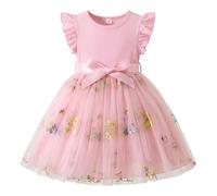 JiAmy Mädchen Tüllkleid mit Blumenstickerei Rippstrick Oberteil Flügelärmel Kinderkleid mit Gürtel für Hochzeit Geburtstag Party für 4-5 Jahre,Dunkelrosa
