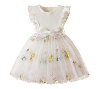 JiAmy Mädchen Tüllkleid mit Blumenstickerei Rippstrick Oberteil Flügelärmel Kinderkleid mit Gürtel für Hochzeit Geburtstag Party für 3-4 Jahre,weiß
