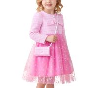 JiAmy Mädchen Tweed Kleider Langarm Perlmuttknöpfen Schickes Kleinkinder Partykleid Prinzessinnen Tüllkleid Festliches Geburtstagskleid mit Umhängetasche für 2-3 Jahre, Rosa