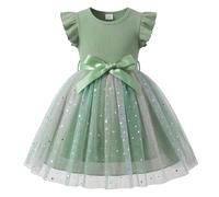 JiAmy Mädchenkleider Rippstrick Tüllkleider Pailletten Frühling Fliegende Ärmel Regenbogen Kinderkleid für 2-3 Jahre,Grün
