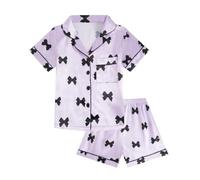 JiAmy Pyjamas Mädchen Kurzarm Schlafanzug Sets Sommer Kinder Satin Pjs 2 Stück Button Down Teenager Nachtwäsche Bow Print Loungewear Set 140,Violett