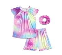 JiAmy Schlafanzug Mädchen Sommer Pyjamas Kinder Kurz Pyjama 3 Teilig Set mit Kurzarm Shirt Shorts und Haargummi Niedliche Nachtwäsche für Mädchen 110,Tie Dye