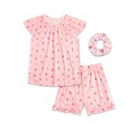 JiAmy Schlafanzug Mädchen Sommer Pyjamas Kinder Kurz Pyjama 3 Teilig Set mit Kurzarm Shirt Shorts und Haargummi Niedliche Nachtwäsche für Mädchen 140,Rosa Erdbeere