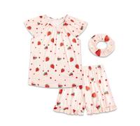 JiAmy Schlafanzug Mädchen Sommer Pyjamas Kinder Kurz Pyjama 3 Teilig Set mit Kurzarm Shirt Shorts und Haargummi Niedliche Nachtwäsche für Mädchen 150,Rote Erdbeere