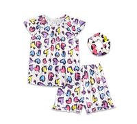 JiAmy Schlafanzug Mädchen Sommer Pyjamas Kinder Kurz Pyjama 3 Teilig Set mit Kurzarm Shirt Shorts und Haargummi Niedliche Nachtwäsche für Mädchen 130,Liebesherz