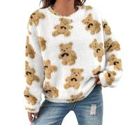 JIANGML 2025 Hoodie Damen Langarm Tops Übergroße Sherpa Jacke für Damen Fuzzy Fleece Mantel mit niedlichem Teddybär Print Warme Bluse Reißverschluss Langarm Kapuze Fleecejacke Outwear Plüschjacke