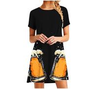 JIANGML Damen Bier Drucken Dirndl Kurze Ärmel Trachtenkleid Sommer Midi Dirndlkleid Rundhals Trachtendirndl Schwarz Trachtenkleid Trachtenmode Germandress Stretch Bequem Kleid für Oktoberfest