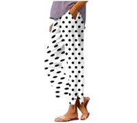 JIANGML Damen Sommerhose Punkte Drucken Freizeithose Baumwolle Leinenhose Weites Bein Palazzo Hose Leicht Strandhose Elastische Lang Hosen Elegant Jogginghose Hohe Taille Stoffhose mit Taschen
