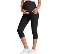 JIANGML Damen Umstandsleggings mit Taschen High Waist Umstandshose Blickdichte Weites Bein 3/4 Hose Stretch Slim Fit Schwangerschaftsleggings Weich Bauchstütze Umstandsmode Yoga Sport Freizeithose