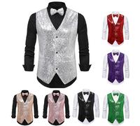 JIANGML Glitzer Weste Herren Ärmellose Westen V-Ausschnitt Anzugweste mit Fliege Pailletten Herrenweste Formale Trachtenweste Elegant Sakko Party Herrensakko Männer Anzugjacke Slim Fit Anzugsakko
