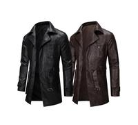 JIANGML Herren-Anzugjacke Leder Windbreaker Mittellang Herrenblazer Revers Sakko Unifarbe Anzugsakko Männer Vintage-PU-Jacke, Große Größen Anzugjacke, Kapuzenlose Freizeitjacke Modern Mantel