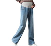 JIANGML Jeans Stretch Umstandshose Damen High Waist Bauchstütze Umstandsmode Weites Bein Weich Gerade Hosen Slim Fit Lang Pants Lockere Jeanshose Atmungsaktiv Hautsympathische Denim Hose