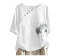 JIANGML Musselin Bluse Damen Drucken Oberteil, Elegant Kurzarm Lässig Locker Hemd mit Knopfdekoration Blusen Rundhals Slim Fit Oberteile Leicht Elastischer Hemdbluse Leichtes Luftige Pullover Tee