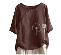 JIANGML Musselin Bluse Damen Drucken Oberteil, Elegant Kurzarm Lässig Locker Hemd mit Knopfdekoration Blusen Rundhals Slim Fit Oberteile Leicht Elastischer Hemdbluse Leichtes Luftige Pullover Tee