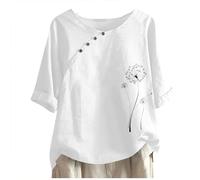 JIANGML Musselin Bluse Damen Drucken Oberteil, Elegant Kurzarm Lässig Locker Hemd mit Knopfdekoration Blusen Rundhals Slim Fit Oberteile Leicht Elastischer Hemdbluse Leichtes Luftige Pullover Tee