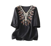 JIANGML Musselin Bluse Damen Stickerei Hemd V-Ausschnitt Oberteil Boho Kurzarm Elegant Leichtes Blusen Lässig Locker Oberteile Slim Fit Hemden Leicht Elastischer Luftige Pullover Tee