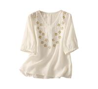 JIANGML Musselin Bluse Damen Stickerei Hemd V-Ausschnitt Oberteil Boho Kurzarm Elegant Leichtes Blusen Lässig Locker Oberteile Slim Fit Hemden Leicht Elastischer Luftige Pullover Tee