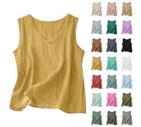 JIANGML Musselin Tanktop Damen Armless Bluse Baumwolle Leinen Oberteil V-Ausschnitt Pullover Hemd Casual Lockere Camisole Atmungsaktiv Leichtes Shirt Elegant Einfarbig Tank-Top Sommer Sport Tanktops