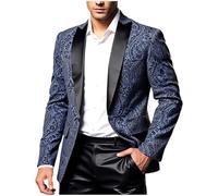 JIANGML Sakko Herren Jacquard Bedruckt Anzugjacke Revers Herrensakko Slim Fit Abendanzug Formale Blazer Blau Vintage Anzugsakko Klassisch Anzug Jackett Hochzeit Blazerjacke British Herrenjacke