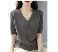 JIAREN Cardigan Damen, Modischer V-Ausschnitt Leichte Kurz Geschnittene Strickjacke Grau Strukturierte Strickjacke Weicher Halbarm Vorne Offener Strickpullover Mantel Dünne Oberbekleidung Für Frauen