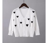 JIAREN Strickjacke Damen, Basic Cardigan Mit V-Ausschnitt Orange Leicht Herz-Jacquard-Cardigan 3/4-Ärmel Vorne Offen Strickpullover Mantel Bomberjacke Weste Oberbekleidung Für Damen Weiß