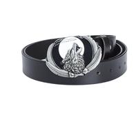 JIARY Herren-Gürtel, Western Cowboy Gürtel Herren, Echtledergürtel mit ovaler Western-Moon-Wolf-Schnalle im Vintage-Stil,Schwarz,120CM/47.3''