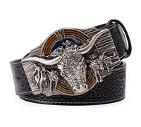 JIARY Herren Gürtel Western Gürtel Herren,Cowboy-Gürtel Long Horn Bull Western-Gürtel Kuh-Muster-Gürtel Freizeit-Cowboy-Gürtel,Black a,120CM/47.3''