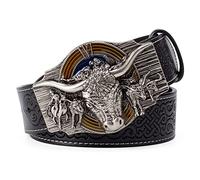 JIARY Ledergürtel Herren,Gürtel Herren Verstellbarer Cowboy Westerngürtel Neuheitsgürtel Für Herren 3Dlegierung Stierkopfschnalle Lässige Vintage Ledergürtel,Schwarz,115CM/45.3''