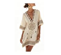 JIARY Strandkleid Damen Mit Tiefem V-Ausschnitt, Boho Kleid, Sommerkleid Damen,Locker, Halblange Ärmel, Ethnisches Muster,Für Urlaub Und Strand,Hawaiianischer,Kreuzfahrt,D,S