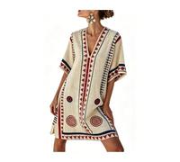 JIARY Strandkleid Damen Mit Tiefem V-Ausschnitt, Boho Kleid, Sommerkleid Damen,Locker, Halblange Ärmel, Ethnisches Muster,Für Urlaub Und Strand,Hawaiianischer,Kreuzfahrt,E,3XL
