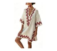 JIARY Strandkleid Damen Mit Tiefem V-Ausschnitt, Boho Kleid, Sommerkleid Damen,Locker, Halblange Ärmel, Ethnisches Muster,Für Urlaub Und Strand,Hawaiianischer,Kreuzfahrt,B,S