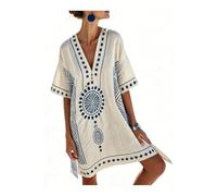 JIARY Strandkleid Damen Mit Tiefem V-Ausschnitt, Boho Kleid, Sommerkleid Damen,Locker, Halblange Ärmel, Ethnisches Muster,Für Urlaub Und Strand,Hawaiianischer,Kreuzfahrt,A,XL