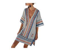 JIARY Strandkleid Damen Mit Tiefem V-Ausschnitt, Sommerkleid Damen, T-Shirt Boho Kleid,Locker, Halblange Ärmel, Ethnisches Muster,Für Urlaub Und Strand,Hawaiianischer,Kreuzfahrt,A,XL