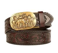 JIARY Western gürtel Herren,Westerngürtel für Cowboy-Herren, Ledergürtel mit Wolfskopf-Metallschnalle,Brown b,110cm/43.3''