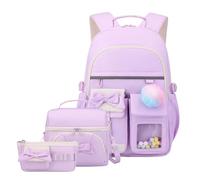 JiaYou Schulrucksack für Mädchen, Federmäppchen, Schleife, Bommel, Fenster, gepolsterte Riemen, Polyester, niedliches Kawaii, Lilac Purple 3-teiliges Set, 24 Liters, Casual