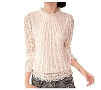 jieGorge Blusen für Frauen Elegant Damen Herbst Spitze Langarm T-Shirt Bluse Pullover High Neck Lose Blusen und Tops Gr. 52, weiß